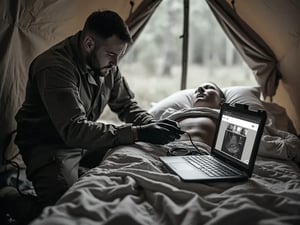 Scotty telemed notebook with running Eyeson call. On screen is an ultra sonic two remote doctors and the field nurse treating the patient